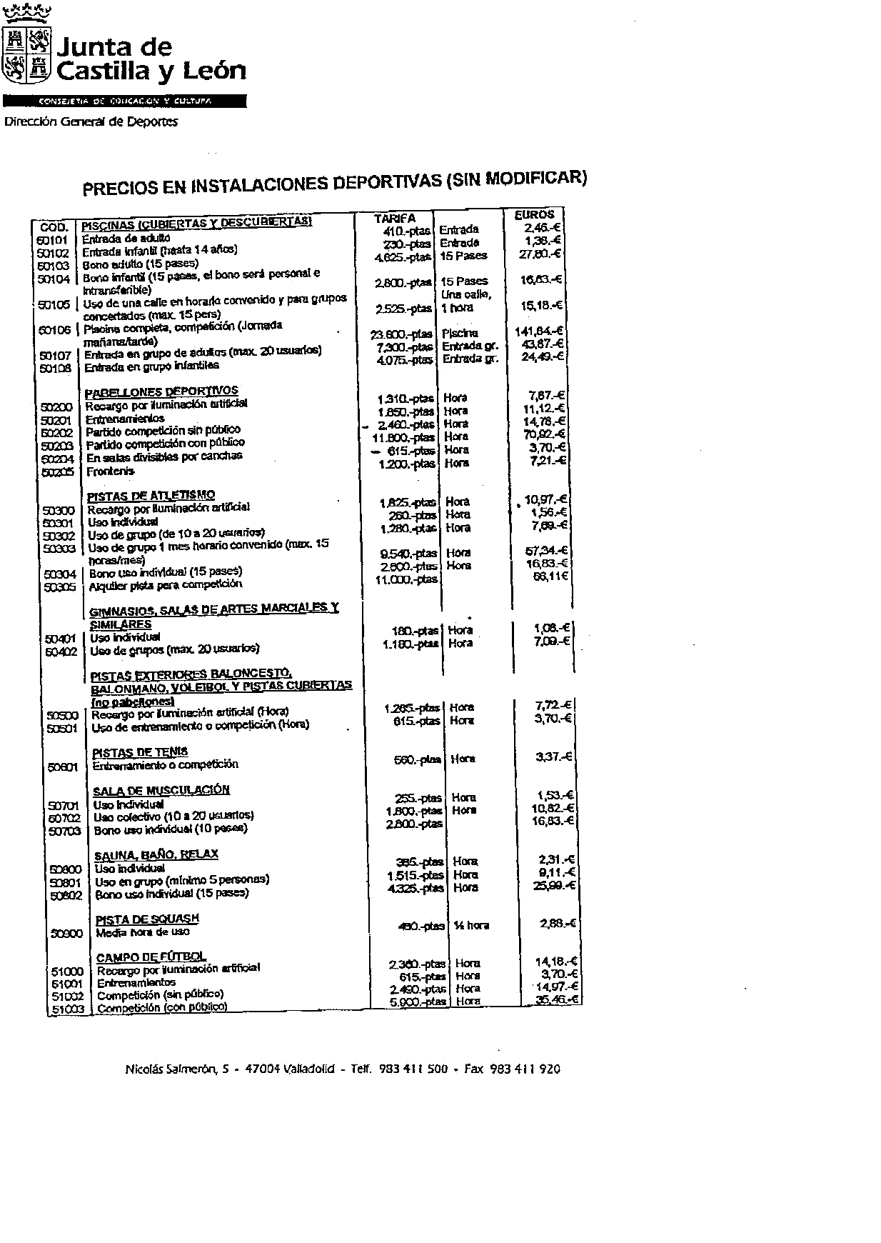 Precios del Campo de la Juventud de Palencia